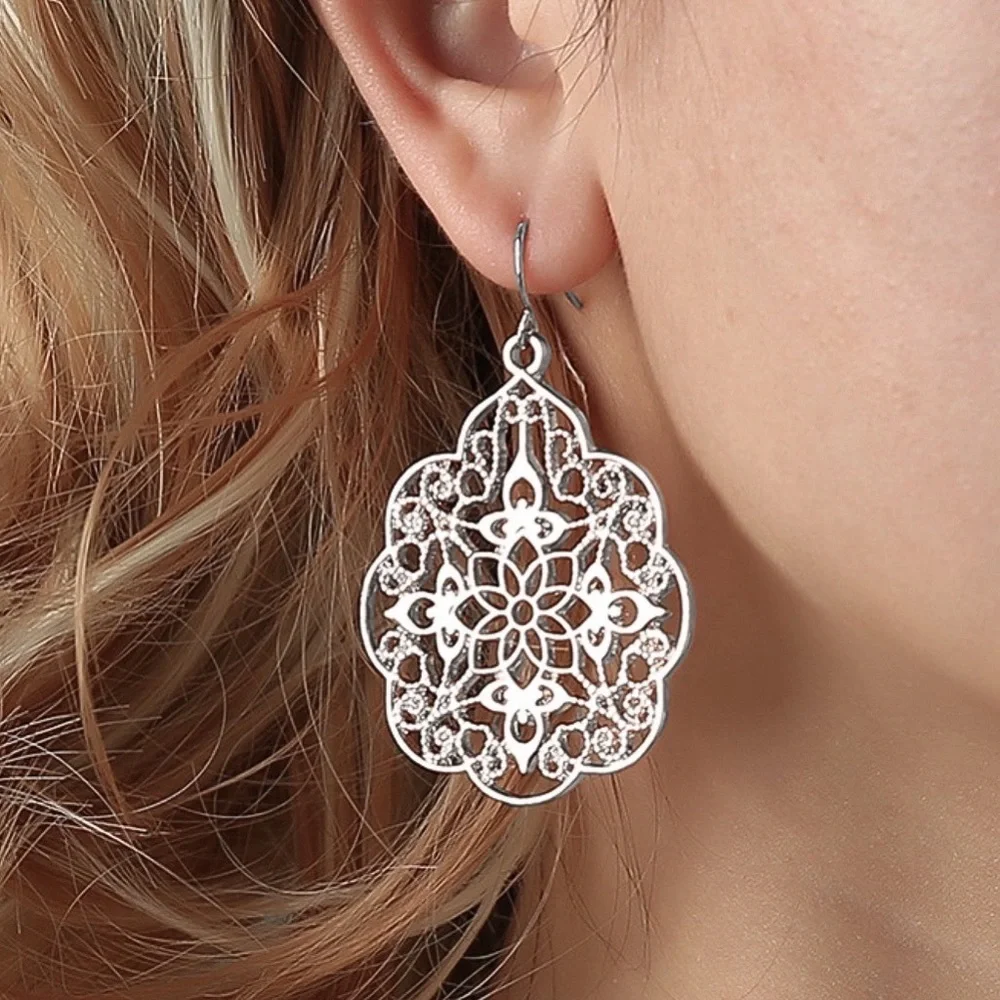 Silver Open Work Statement Drop Earrings - Picture 3 of 6